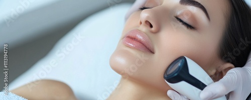 Beautician performing hardware cosmetology treatment on woman's face