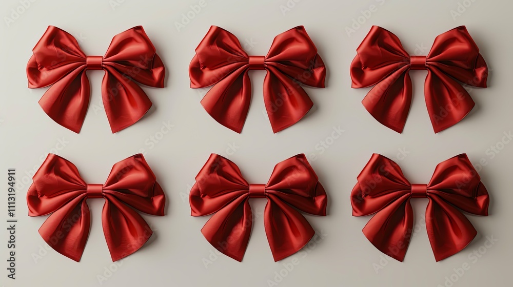 Six Red Satin Bows Arranged in a Symmetrical Pattern on a Light Gray Background Six Red Satin Bows Arranged in a Symmetrical Pattern on a Light Gray Background
