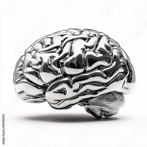 Chrome brain sculpture on plain background symbolizing modern intelligence