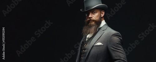 Victorian gentleman wearing top hat and suit posing on black background photo