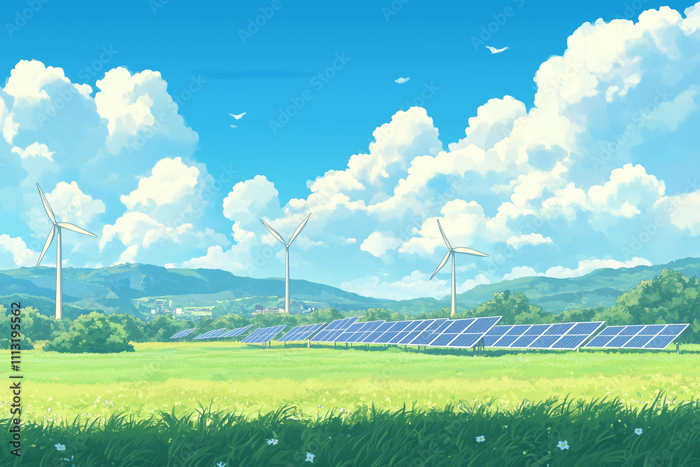Solar Panels with Blue Sky and Clouds Background Solar Panels with Blue Sky and Clouds Background