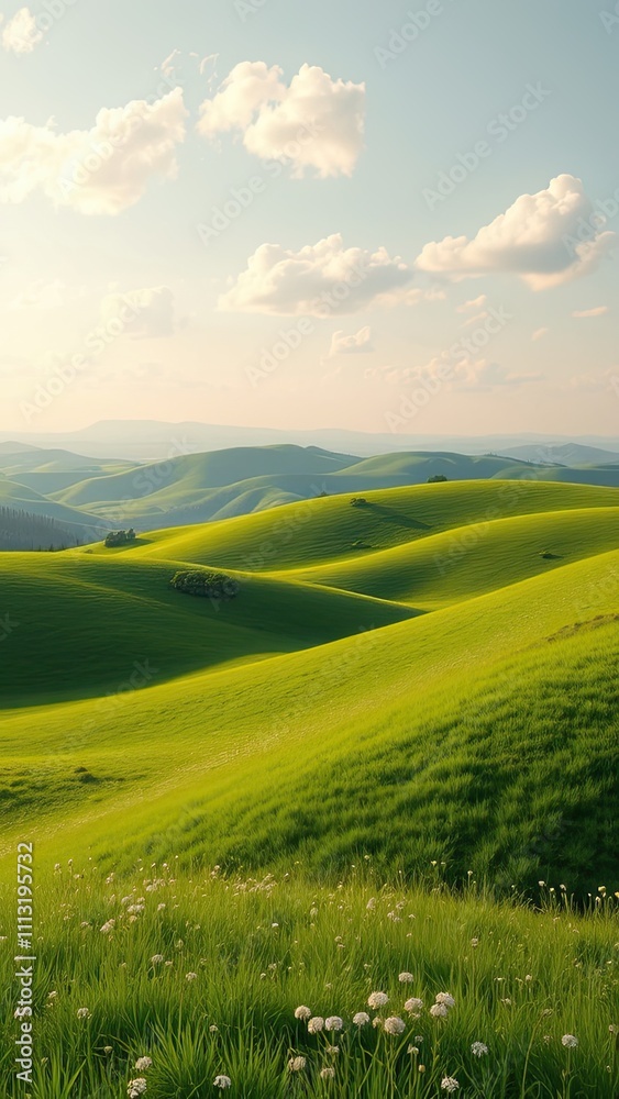 Fototapeta premium Rolling hills of emerald grass with wildflowers swaying gently in the breeze, green grass, natural scenery, landscape, serenity, landscape photography.