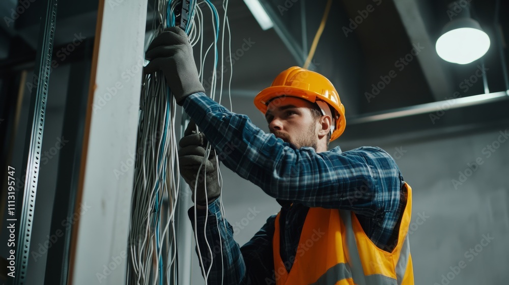 A detailed shot of an electrician installing wiring in a newly constructed office space, Electrical installation scene, Technical and meticulous style A detailed shot of an electrician installing wiring in a newly constructed office space, Electrical installation scene, Technical and meticulous style