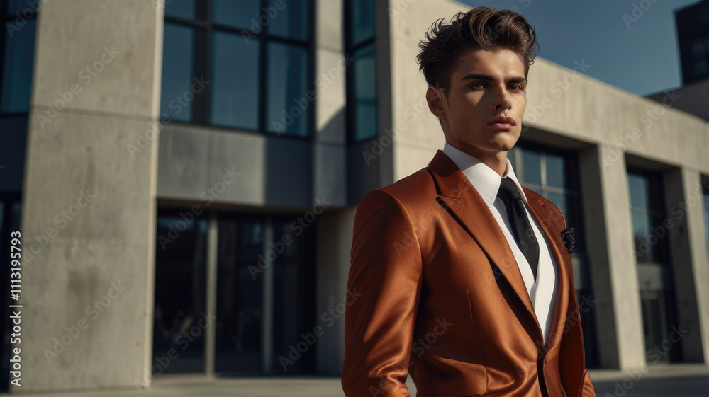 Fashionable handsome model young man posing wearing an Avant-garde fashion with a building background