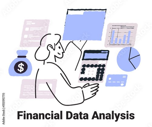 Financial data analysis concept with charts calculator money bag and person analyzing reports in minimalist hand drawn style for website or app template