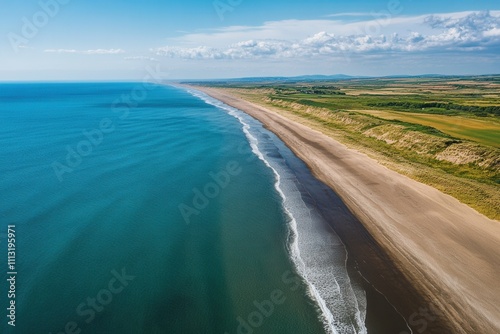 Aerial view of a long sandy beach meeting a vast ocean under a bright sky.