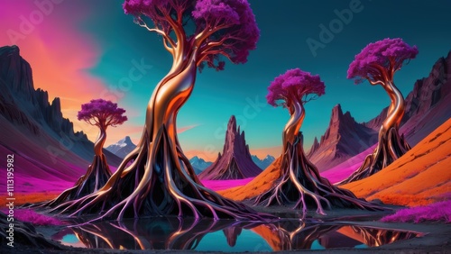 Surreal landscape with twisted metallic trees, vibrant purple canopies, and reflective pools.