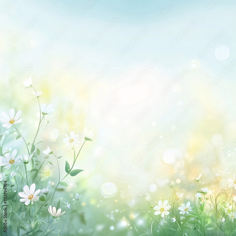 A blurred spring background in vector format, featuring a soft transition from green meadows to a light blue sky. Flowers and grass are subtly blurred in the foreground, with a faint sunlight glow