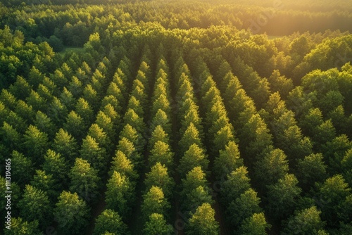 Aerial view of a lush green forest plantation at sunset. photo