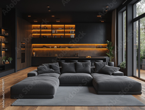 Living room with dark tones.