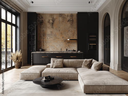 Living room with dark tones.