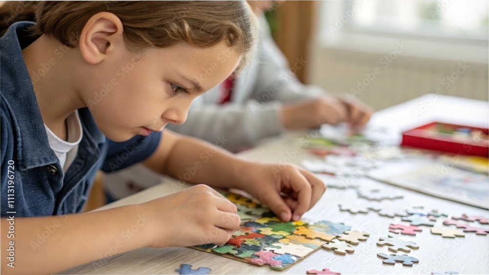 Child focused on solving puzzle pieces indoors with friends around table Child focused on solving puzzle pieces indoors with friends around table