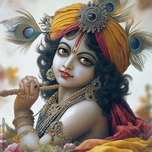 Lord Krishna child portrait. Beautiful young child deity holds flute. Ornate jewelry adorns. Religious Hindu image. Spiritual art. Cultural theme. Faith art. God image. photo