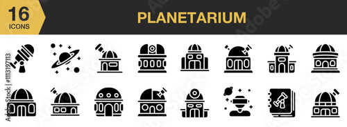 Planetarium solid icon set. Includes Astronomy, Observatory, Planetarium, Space, Telescope, and More. Solid icons vector collection.