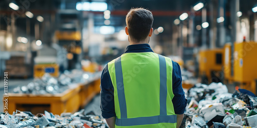 Man in recycling plant wearing safety vest sorting materials for environmental sustainability photo