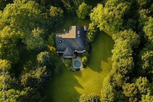 Aerial view of a luxury house nestled in a lush green forest. photo