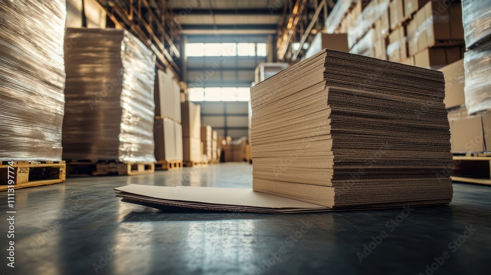 Stacked cardboard sheets in a spacious warehouse environment. Stacked cardboard sheets in a spacious warehouse environment.