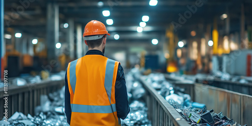 Industrial recycling plant with Caucasian man in safety gear and orange vest