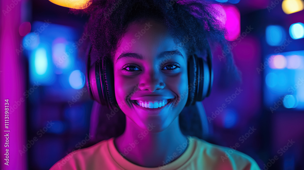 Young African American woman enjoying music with headphones in neon lighting Young African American woman enjoying music with headphones in neon lighting