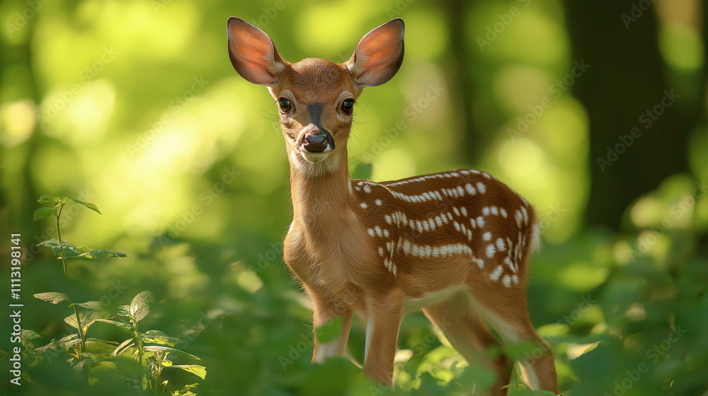 Fawn in a sunlit forest clearing with dappled light and lush greenery Fawn in a sunlit forest clearing with dappled light and lush greenery