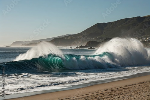 Exciting Crashing Waves on a Sunny Beach Coastline photo