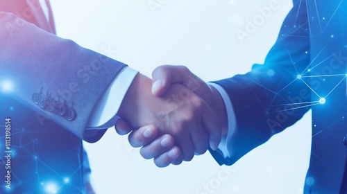 Handshake of Partnership: Two business professionals in formal attire seal a deal with a firm handshake, signifying agreement, collaboration, and a unified vision for the future.