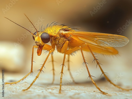 Close-up view of tiny yellow fly with detailed hairy body, delicate wings. Insect with distinct features on light beige background. Potential health risk. Leishmaniasis transmission. Medical research photo