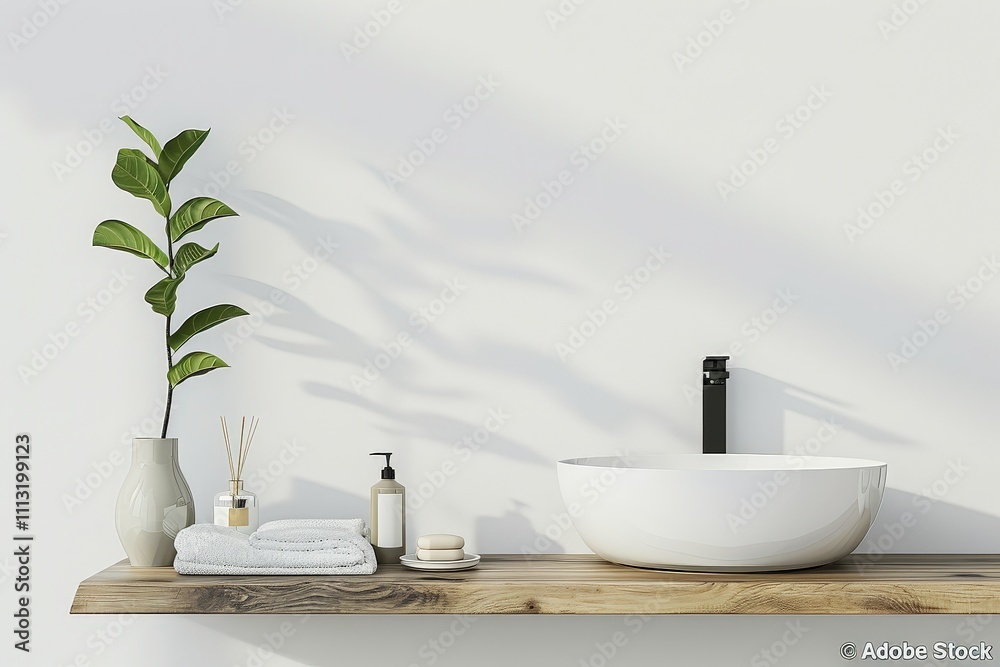Minimalist bathroom vanity with a white ceramic sink. wooden countertop. and a plant in a vase