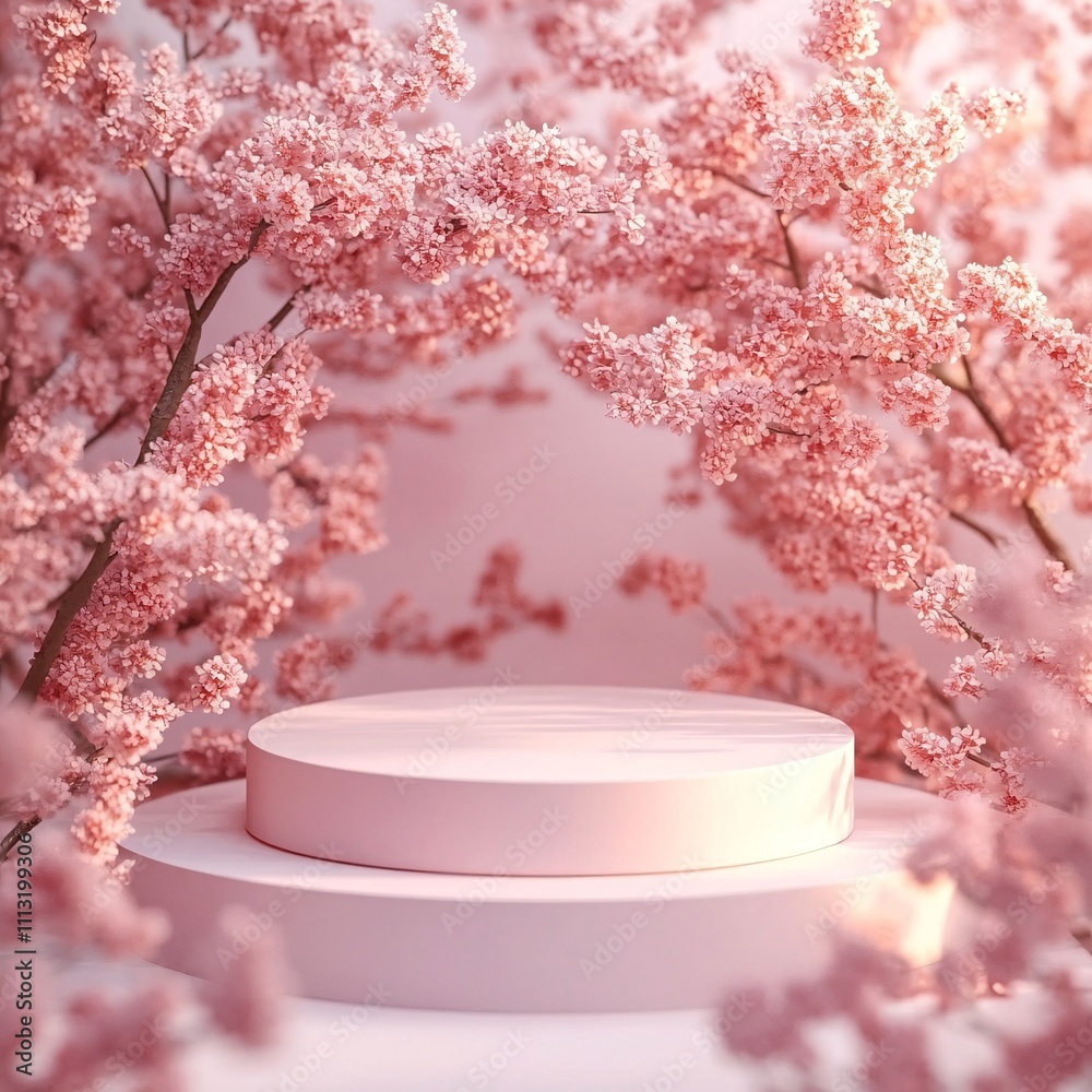 A serene 3D rendering of a natural beauty podium surrounded by branches of a blooming sakura tree. The soft pink cherry blossoms gently frame the podium, with light shadows adding depth to the scene, A serene 3D rendering of a natural beauty podium surrounded by branches of a blooming sakura tree. The soft pink cherry blossoms gently frame the podium, with light shadows adding depth to the scene,