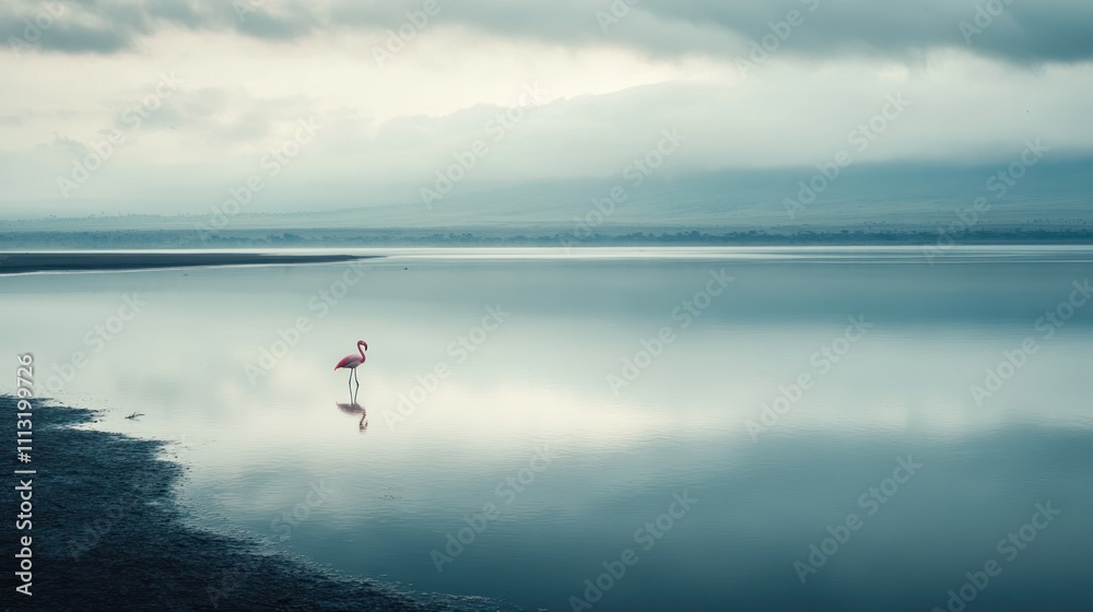 A solitary flamingo stands in a serene, reflective lake under a moody sky. A solitary flamingo stands in a serene, reflective lake under a moody sky.