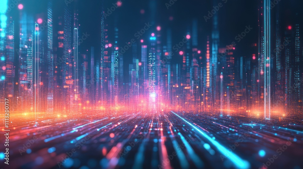 Futuristic cityscape with vibrant lights and digital elements.
