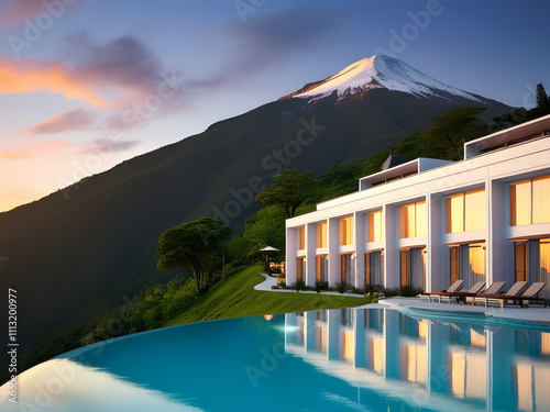luxury hotel near beautiful mountain with infinity pool, vacation and holiday concept 