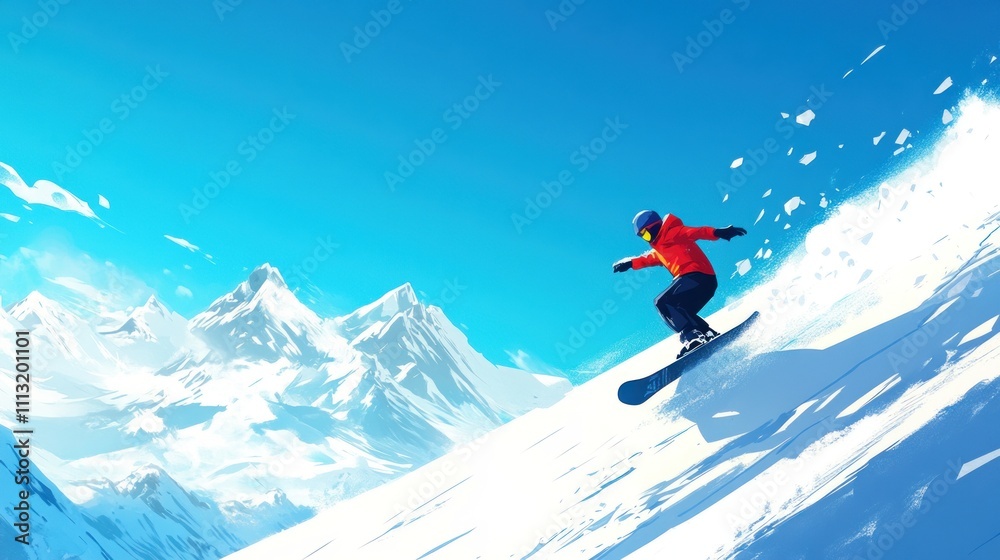 Person Snowboarding Down Steep Hill with Clear Blue Sky and Snowy Mountains Person Snowboarding Down Steep Hill with Clear Blue Sky and Snowy Mountains