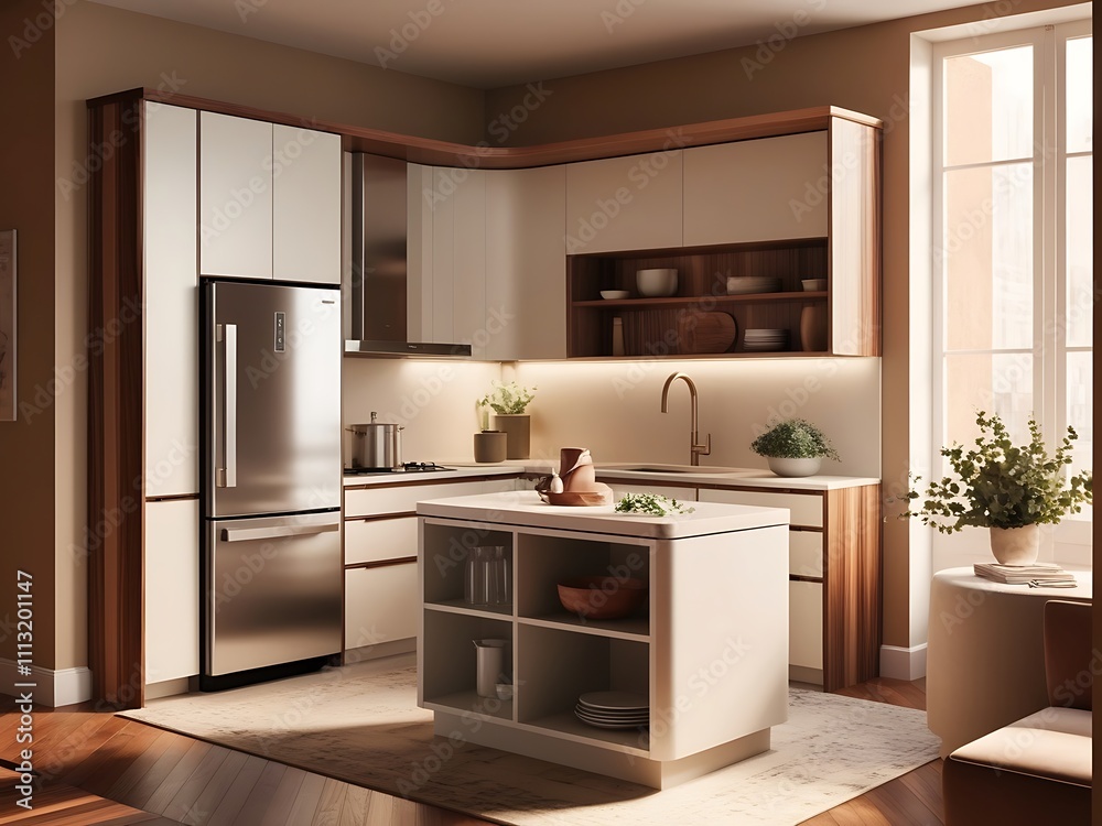 Modern Minimalist Kitchen Design With Island And Stainless Steel Refrigerator Modern Minimalist Kitchen Design With Island And Stainless Steel Refrigerator