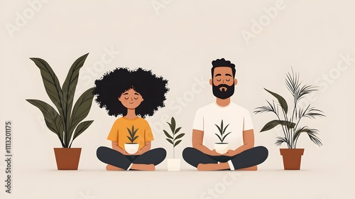 Family Engaging in Mindfulness with Plants: A Harmonious Deep Breathing Practice Together. Health Risks Prevention Concept photo