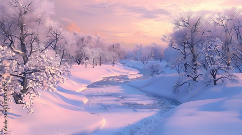 a snowy landscape with snow covered trees photo