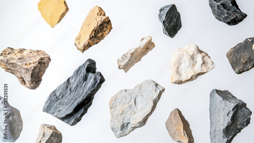 A collection of various rocks displayed against a white background. A collection of various rocks displayed against a white background.