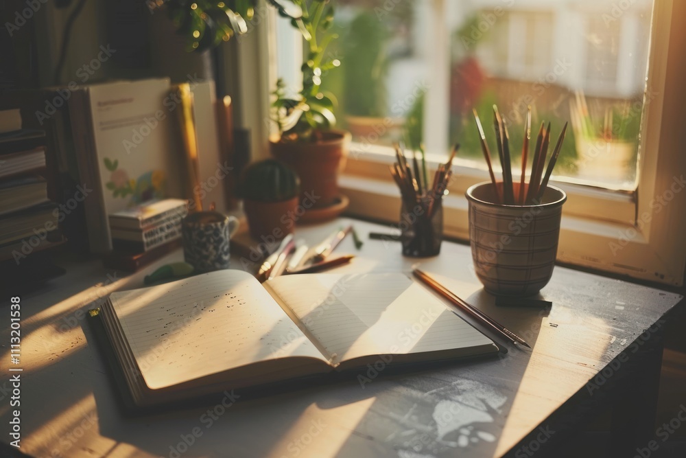 Cozy study desk with open notebook and plants by a sunny window Cozy study desk with open notebook and plants by a sunny window