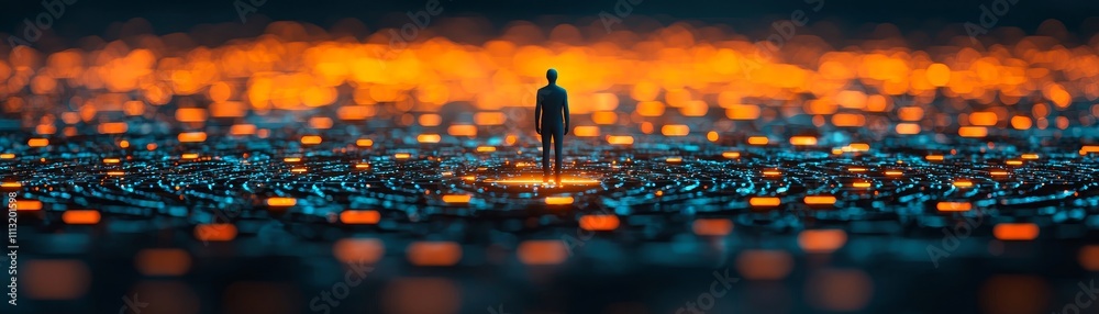 Digital evolution solo figure amidst a sea of circuitry futuristic environment conceptual viewpoint technology exploration Digital evolution solo figure amidst a sea of circuitry futuristic environment conceptual viewpoint technology exploration