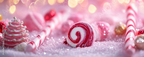 Christmas candy canes and peppermint swirl lollipop resting on pink glitter