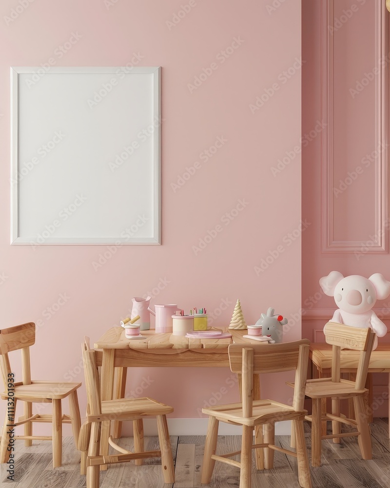 A pink room with a table. chairs. and a picture frame There are decorations on the table. including a stuffed animal A pink room with a table. chairs. and a picture frame There are decorations on the table. including a stuffed animal