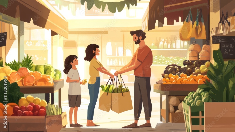 Obraz premium Illustration of a Family of Four Shopping at a Farmer's Market with Bags