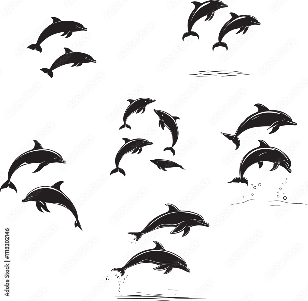 Fototapeta premium Silhouette set of beautiful dolphins jumping, vector silhouette