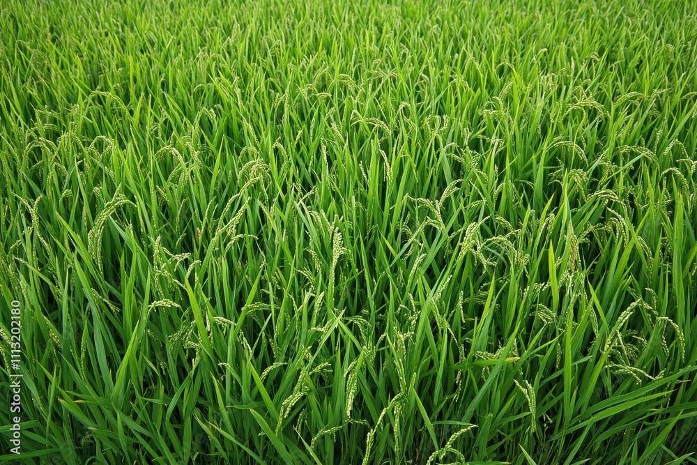 Lush Green Rice Field Under Natural Sunlight