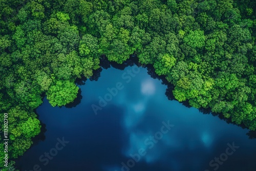 Aerial view of a serene lake nestled in a lush green forest.