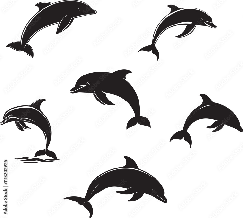 Fototapeta premium Silhouette of beautiful jumping dolphins, vector silhouette