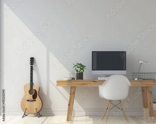 Minimalist home office with a wooden desk. white chair. computer. guitar and potted plant