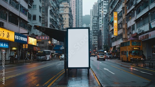 Wallpaper Mural Blank Billboard at a Bus Stop in a Wet Hong Kong City Street Torontodigital.ca