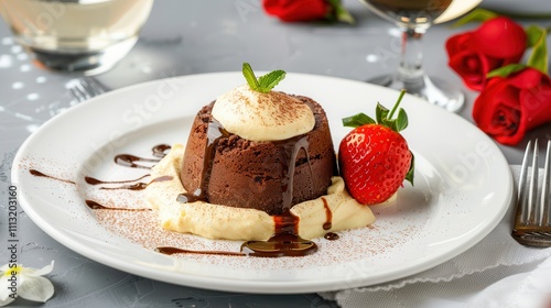 Valentine's with chocolate and dinner delights. Decadent chocolate dessert with garnish
