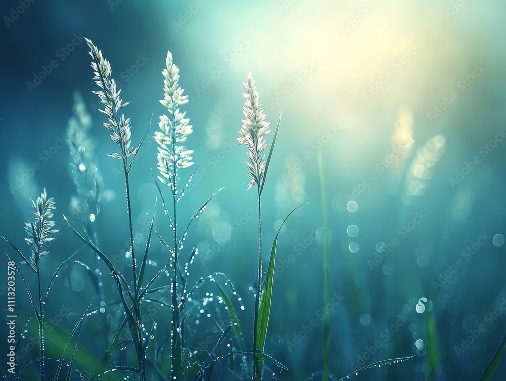 Obraz premium Morning dew on grass blades tranquil nature setting macro photography soft light serene environment close-up perspective